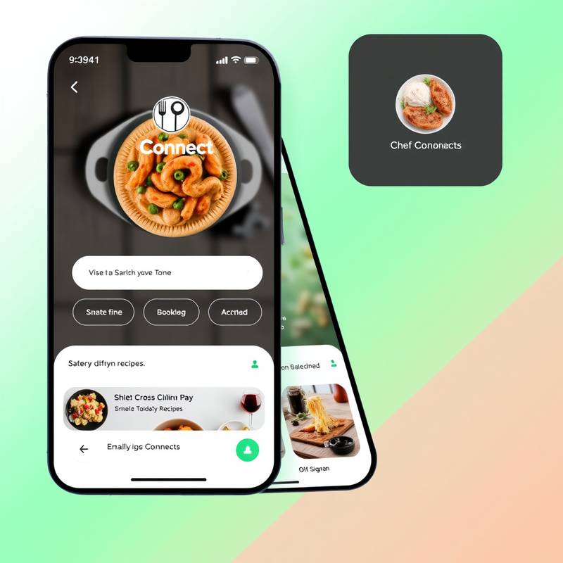 App design for 'ChefConnect', a platform connecting chefs and food enthusiasts, featuring a user-friendly interface, recipe sharing, and booking functionality.