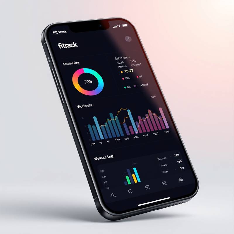 Mockup of a mobile app interface for 'FitTrack', a fitness tracking application with colorful charts and easy-to-navigate workout logs.