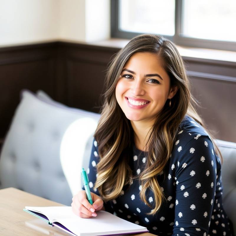 Portrait of Sofia Lopez, Content Strategist, smiling and holding a notebook